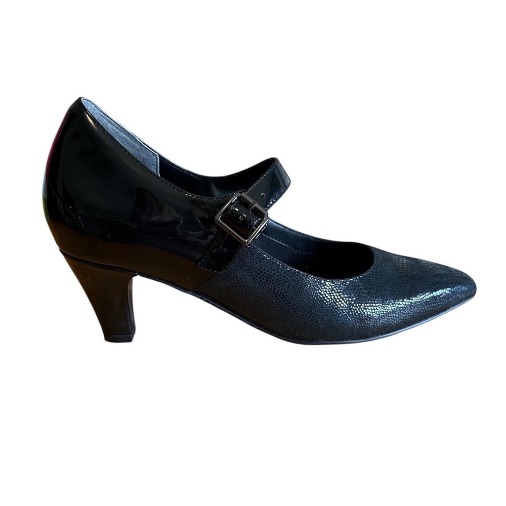 Ros Hommerson Black Patent Leather Lizard Mary Jane Low Block Pumps 7.5N‎ Narrow - Picture 7 of 15